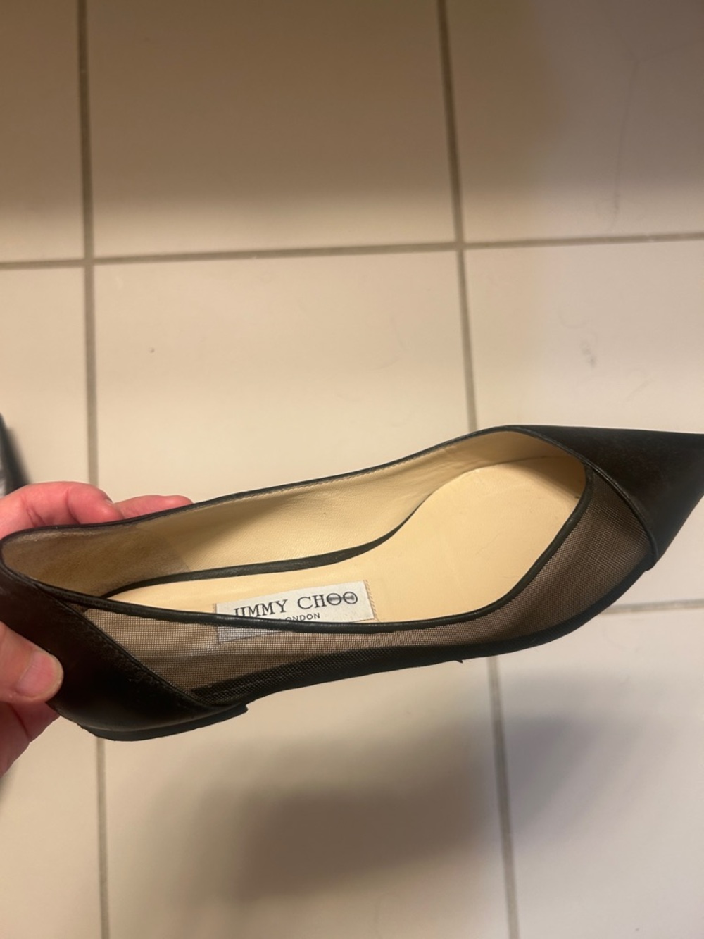 Jimmy Choo Black Pointed-Toe Mesh & Leather Flats - Women's 39.5 - Picture 5 of 5
